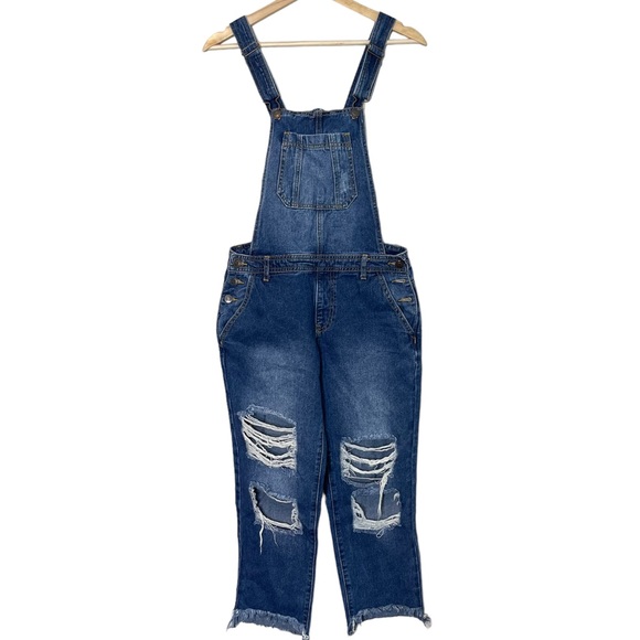 Forever 21 Womens Distressed Denim Bib Overalls Size 26 Torn Ripped Medium Wash - Picture 1 of 9
